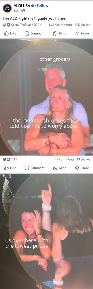 Screenshot from Aldi's Facebook page meme'ing pictures of the Coldplay concert CEO to diss other stores for charging membership fees instead of keeping prices low.