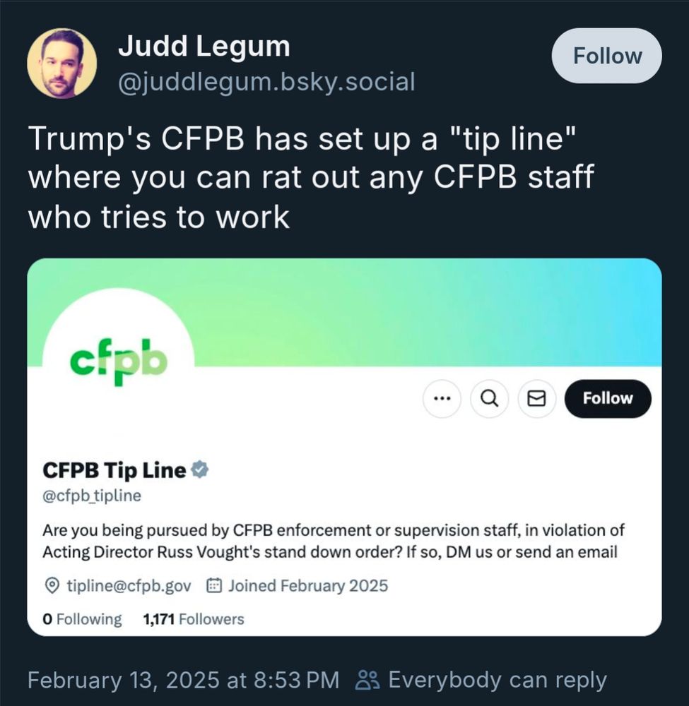 A screenshot of the CFPB Tip Line twitter profile with their email address tipline@cfpb.gov 