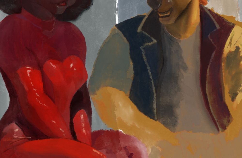 A work in progress picture of some original characters from my TTRPG NEON:2254. 

Amica (on left) and Amare (on right) having a casual conversation. 