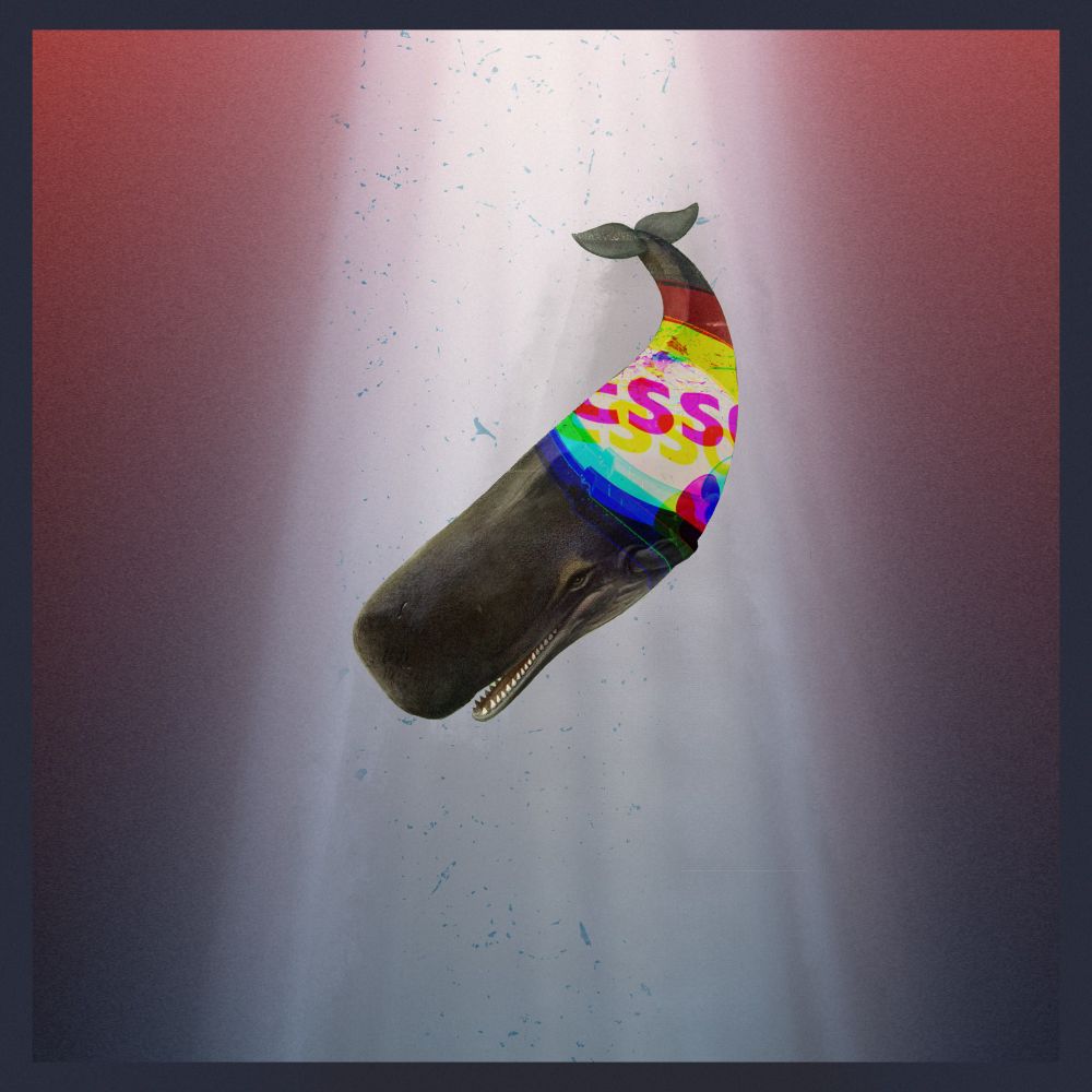Picture of a whale floating with a classic Esso logo on the side