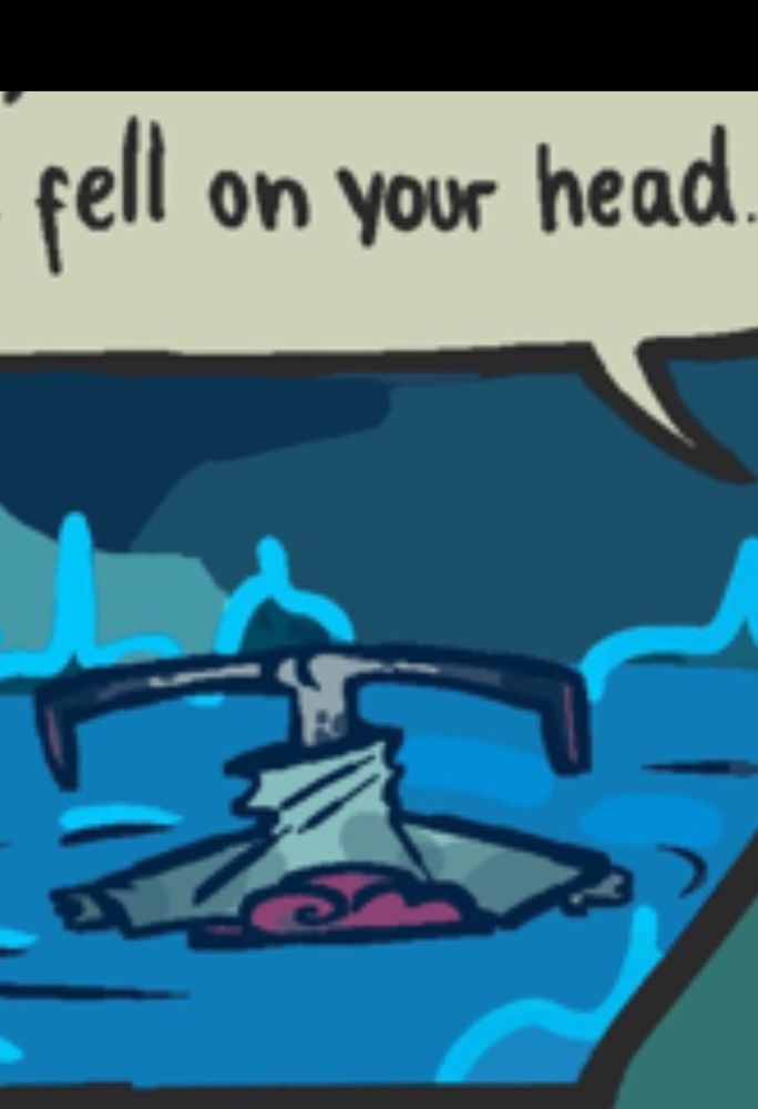 Close-up of part of a cartoon drawing of the demon Crowley (you can tell it’s him because of his red hair) fallen on his head, angel robes in disarray, feet blackened, bare legs spread, bare bottom, um bared. Text at top reads: fell on your head. 