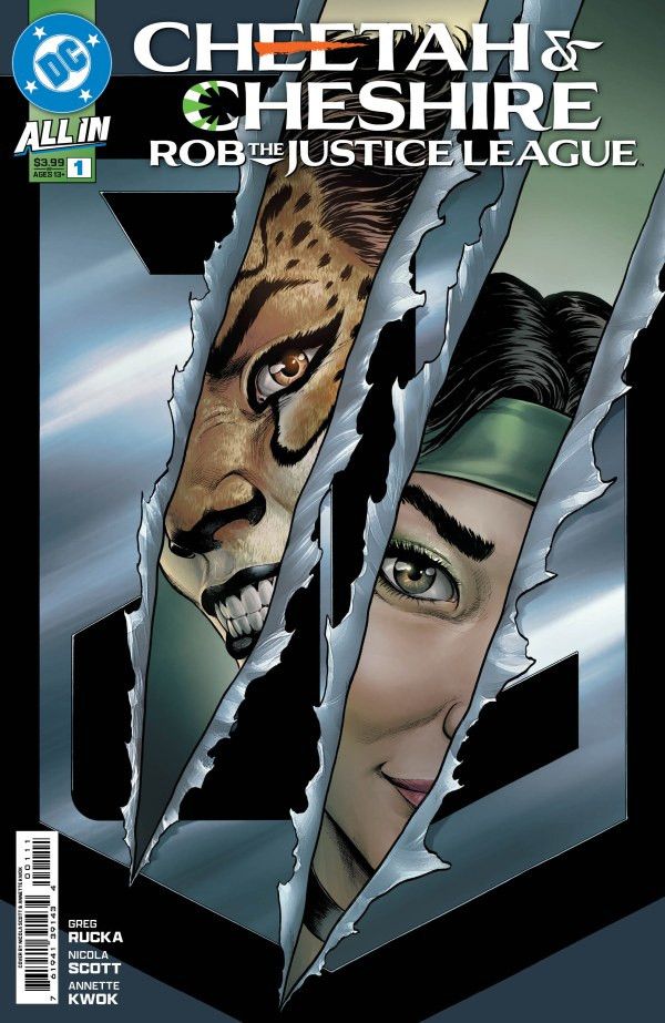 Cheetah and Cheshire grin at you behind a torn Justice League logo. Art by Nicola Scott, who is a goddess. Colors by Annette Kwok who I’ve never met but may also be a deity, or at least a demigod. 