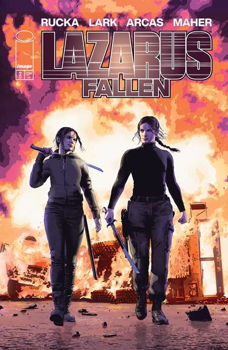Two young women with swords in their hands walk away from a burning inferno, apparently satisfied with whatever it is they may have done to start the fire and erode the plutocracy that now rules the world. Art by Michael Lark.