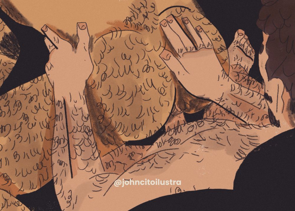 Ilustração. Destaque de dois homens peludos nus. Um é negro de pele clara e o outro branco, eles estão fazendo sexo, o de pele clara “senta” no branco. @johncitoilustra