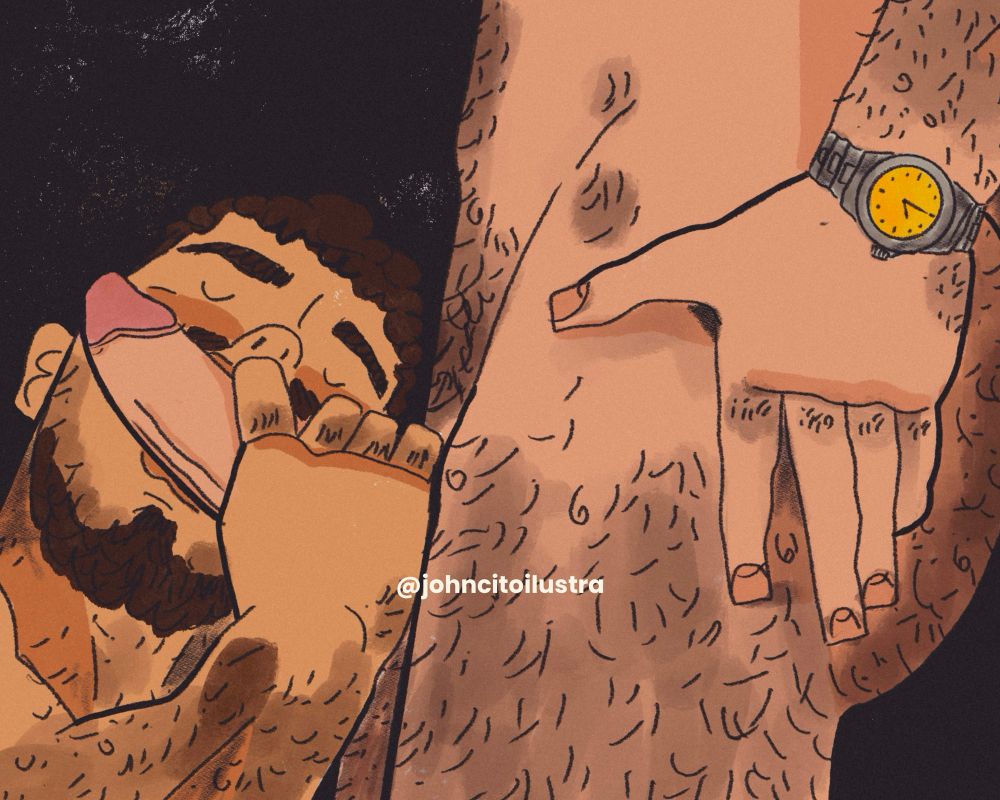 Ilustração. Um homem negro de pele clara está chupando o pau de um homem branco, que está de pé. Ele usa relógio. Ambos são peludos. @johncitoilustra