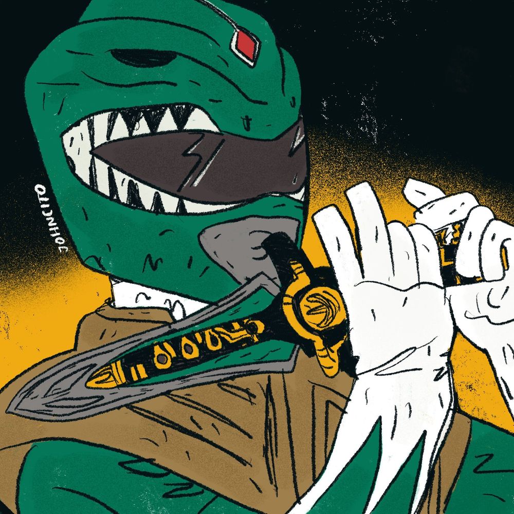 ranger verde tocando sua adaga de flauta
