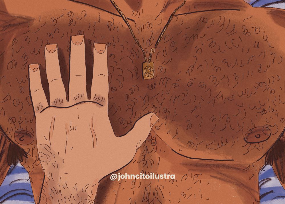 Ilustração. Um homem árabe brasileiro de pele marrom clara está deitado sem camisa em um lençol azul e branco. Ele veste um colar de ouro que se mistura com os pelos do peito. A mão de um homem branco peludo está sobre o seu peito.