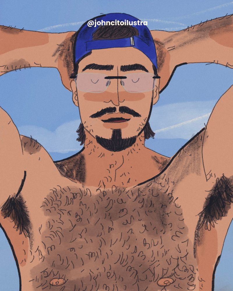 Ilustração. Luigi é um homem branco, peludo, está de óculos de grau e boné virado para trás. Suas mãos estão atrás da cabeça, exibindo sua axila peluda. Ele está de olhos fechados e boca aberta.