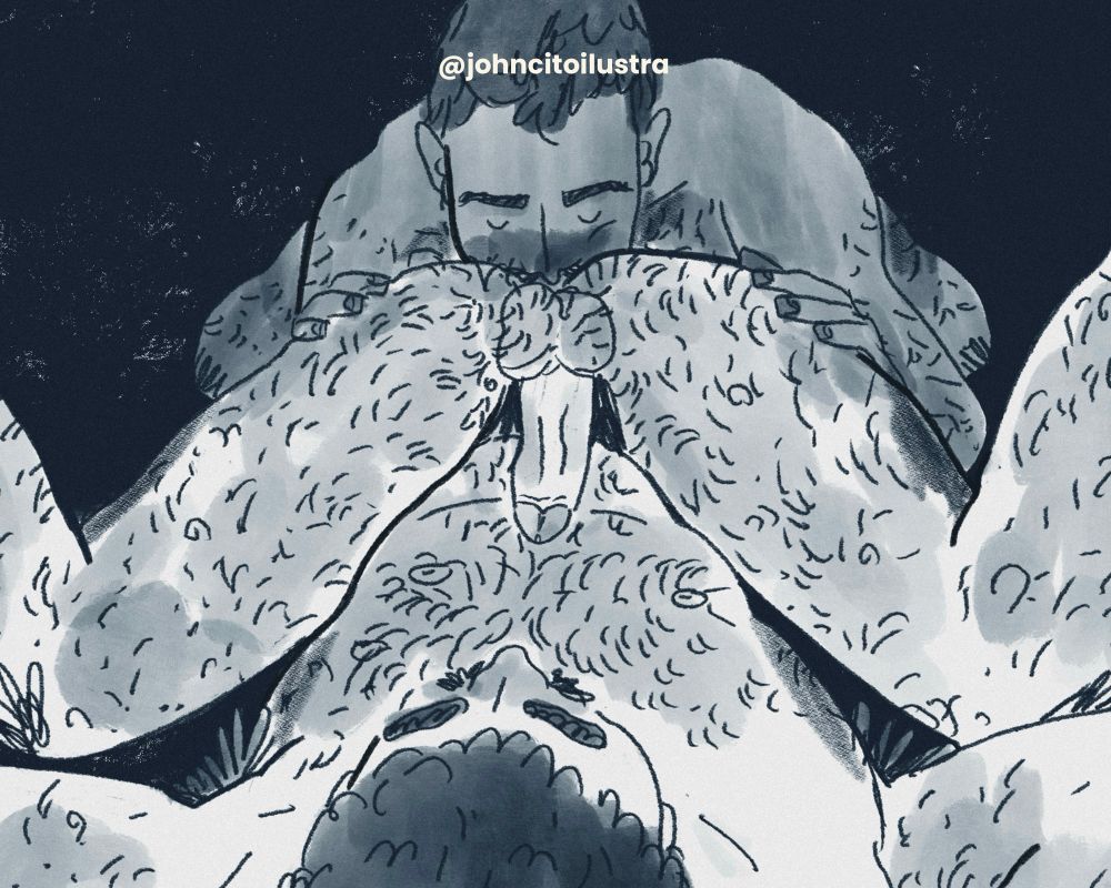 Ilustração. Um homem chupando o rabo do outro. 