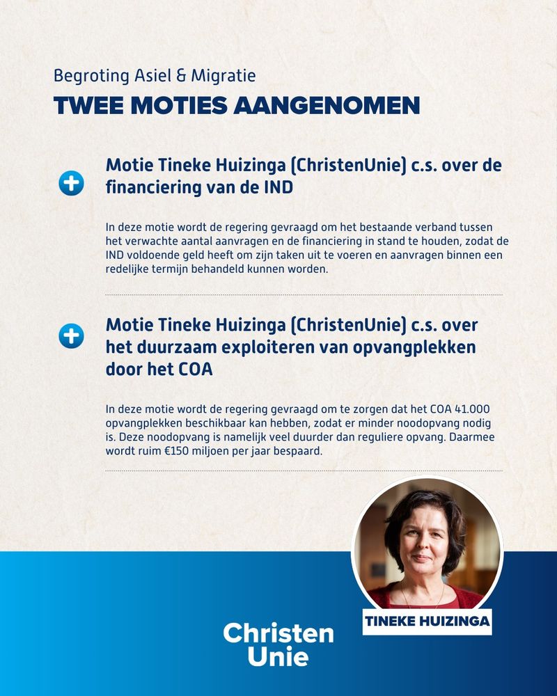 Grafische weergave van de twee moties van Tineke Huizinga: een motie over de financiering van de IND en een motie over het duurzaam exploiteren van opvangplekken door het COA
