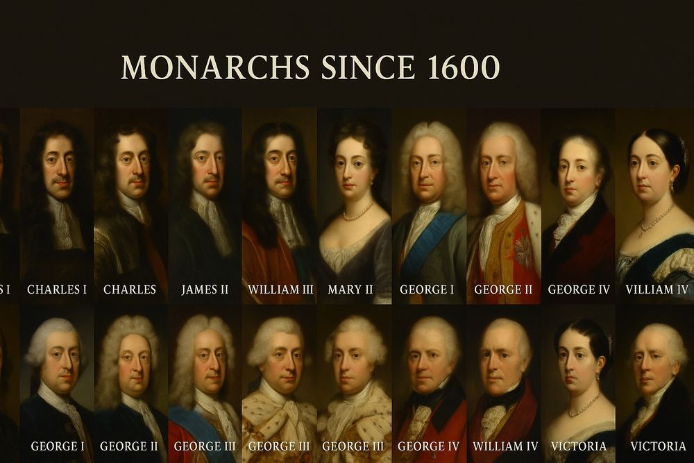 Collage of monarchs with a male portrait for Victoria and a woman for “Villiam IV”