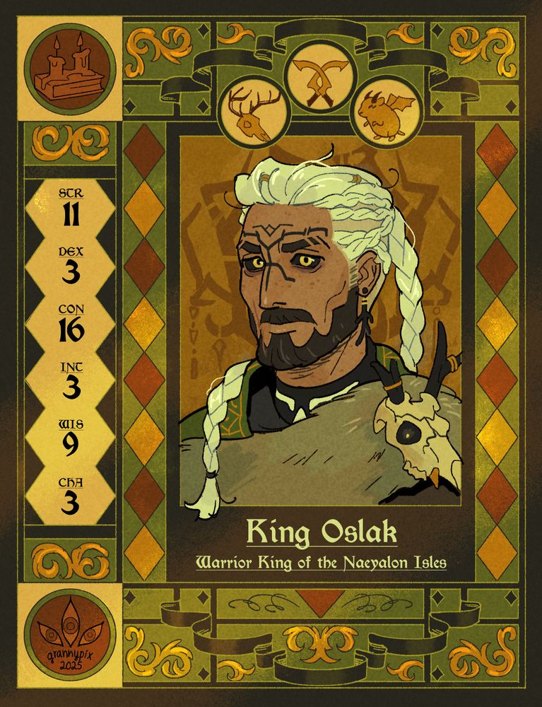 a portrait drawing of a character named king oslak. the decorative border is reminiscent of a d&d character sheet. they have long, white hair, shaved on the sides and braided, with one ponytail braid in the back. in contrast to the light hair, they have dark facial hair and are wearing a pelt and dear skull.