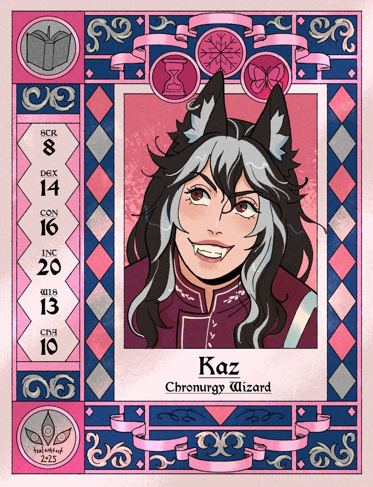 Bust of a character named Kaz with a decorative border. She has long black hair with silver stripes in it, fox ears, and a mischievous grin.
