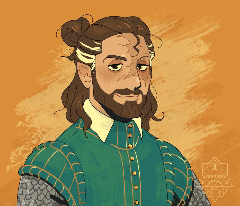 A dignified bust portrait of a man with shoulder-length brown hair in a bun, and white around his temples. He wears a comfortable smile. His skin is fair, and the left half of his face bears a large burn scar.