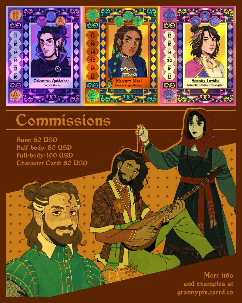 art commissions post. bust: 60 USD, half-body: 80 USD, full-body: 100 USD, character card: 80 USD