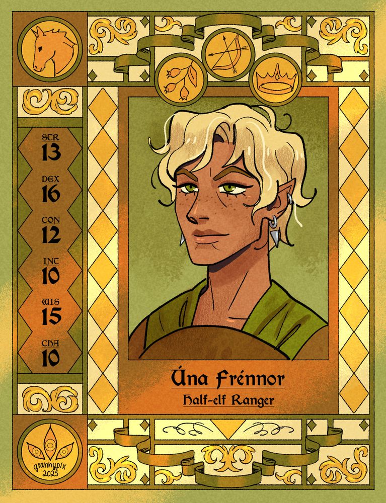 Decorated portrait of a half-elf ranger named Una Frennor. She has short, blonde hair and a confident expression