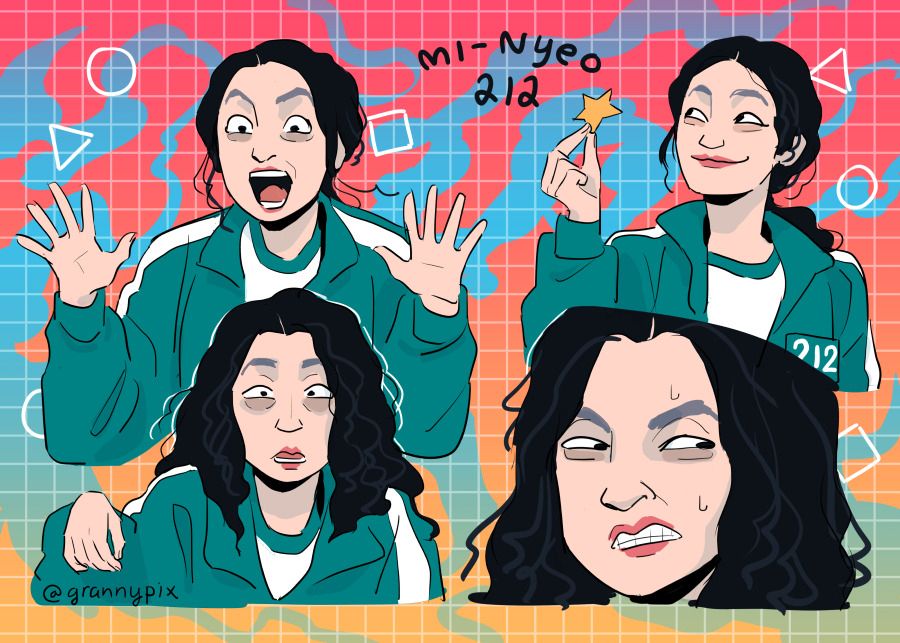 the image features of a compilation of drawings of the character mi-nyeo, from various scenes in squid games, showing her range of expressive faces