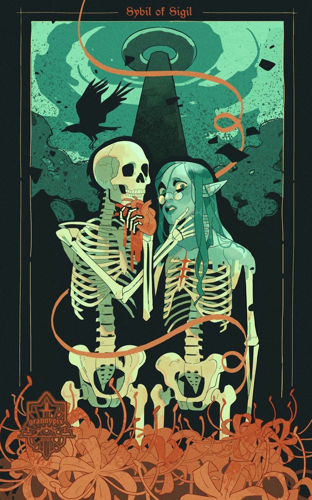 Two humanoid skeletons stand on a dark background, one with the face and shoulders of a teal-ish elf, and a skeleton on downwards, the other a full skeleton. The elf is holding a heart in her hand with a fearful expression. There's a raven flying in the background, and spider lilies under them in the foreground