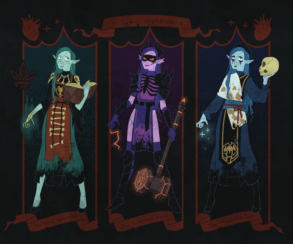 3 different figures that all appear to be the same person. one is green and nervous, one is purple and smug, and one is blue and morose 