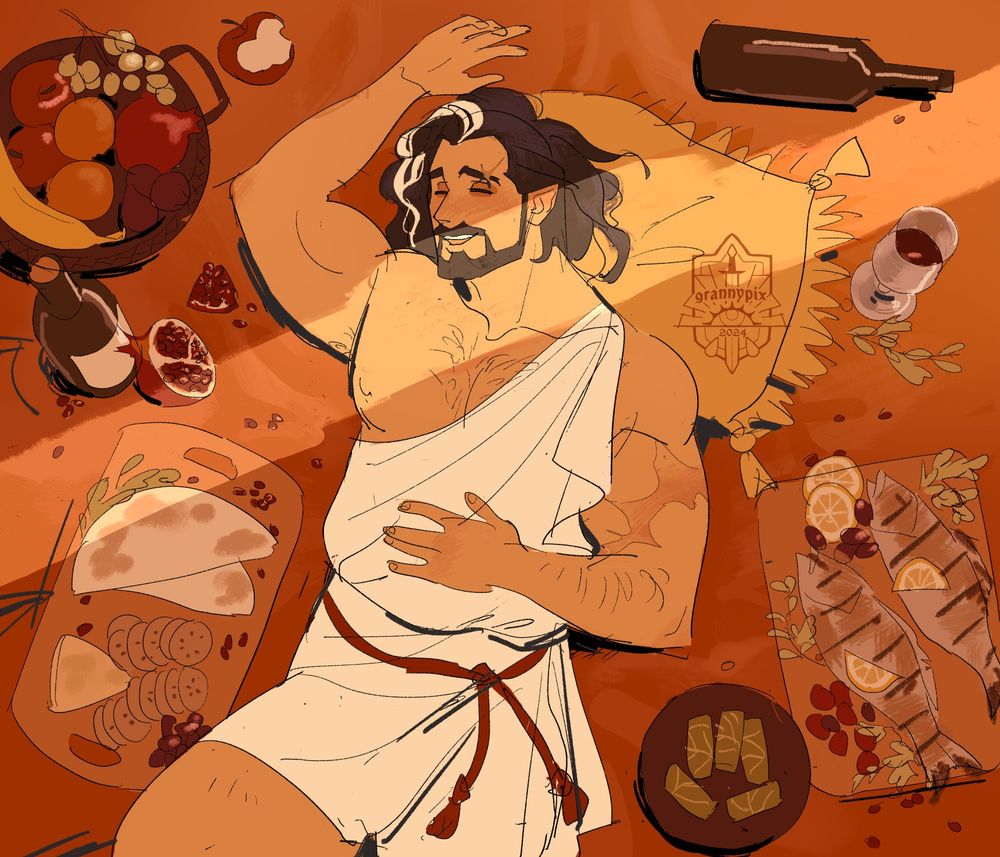 a smiling man lays surrounded by trays and bowls of all kinds of food- fruit, cheese, wine, fish, etc.