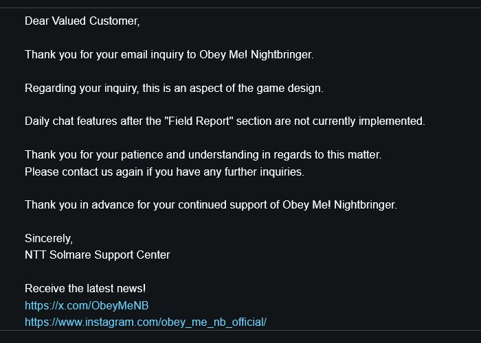 Screenshot from support about daily chats