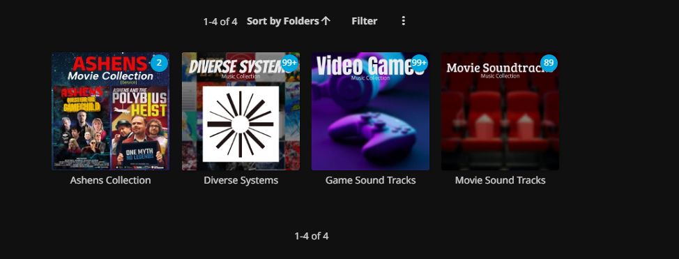 Screenshot of a media library featuring Ashens, Diverse Systems and Video Game and Movie Soundtracks.
