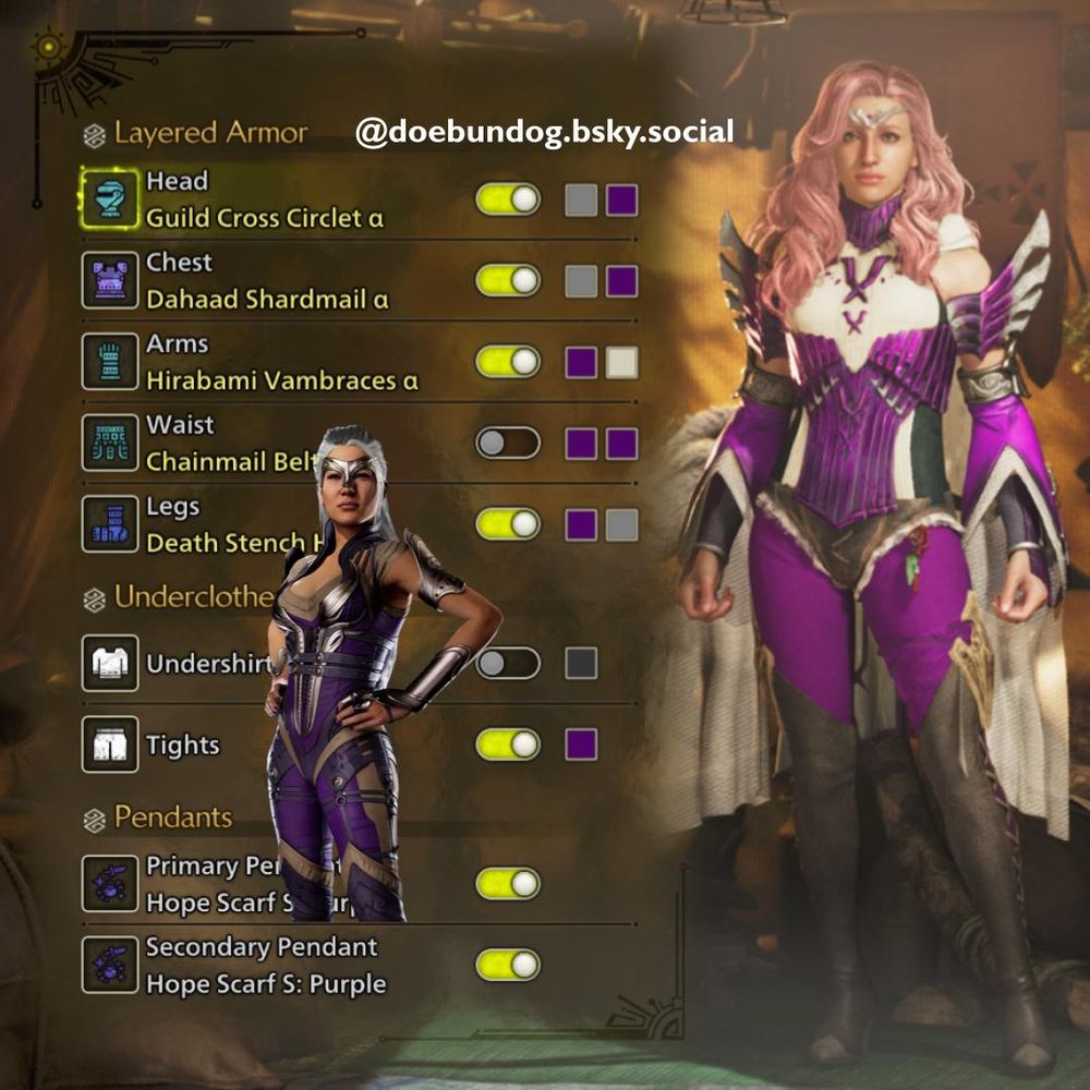 A Monster Hunter Wilds Layered Armor cosplay of Sindel that consists of: Guild Cross Circlet, Type 2 Dahaad Shardmail, Type 2 Hirabami Vambraces, no waist slot, and Type 2 Death Stench Heel. A pair of purple tights are added.