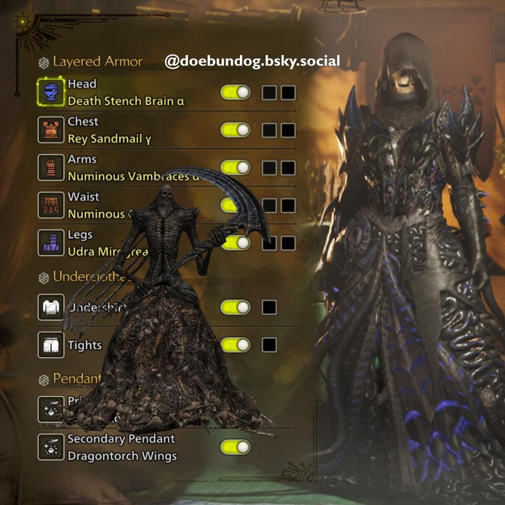 A Monster Hunter Wilds Layered Armor cosplay of Nashandra's true form that consists of: Type 1 Death Stench Brain, Type 1 Rey Sandmail y, Type 2 Numinous Vambraces, Type 2 Numinous Coil, and Type 1 Udra Miregreaves. The set also uses a black undershirt and pair of tights.
