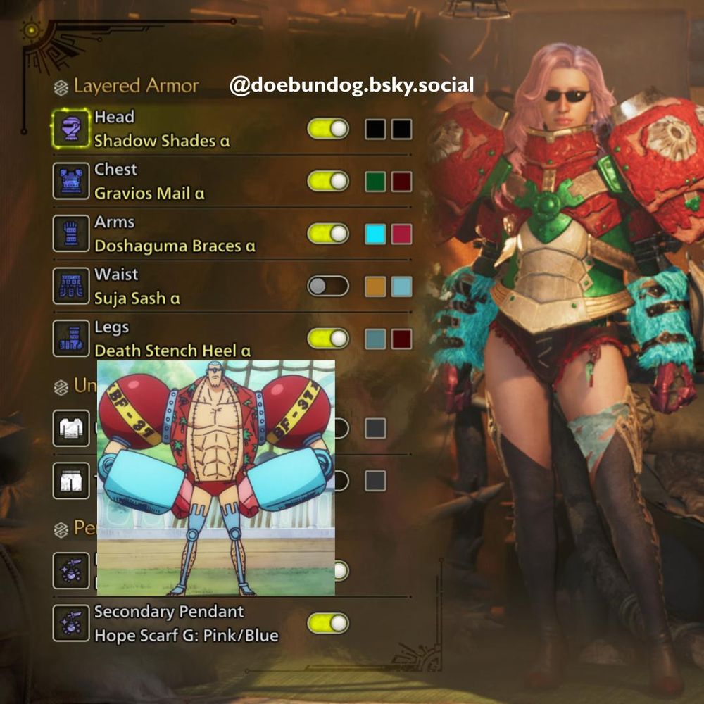 A Monster Hunter Wilds Layered Armor cosplay of Cyborg Franky after the time skip that consists of: Shadow Shades, Type 1 Gravios Mail, Type 1 Doshaguma Braces, no waist slot, and Type 2 Death Stench Heel.