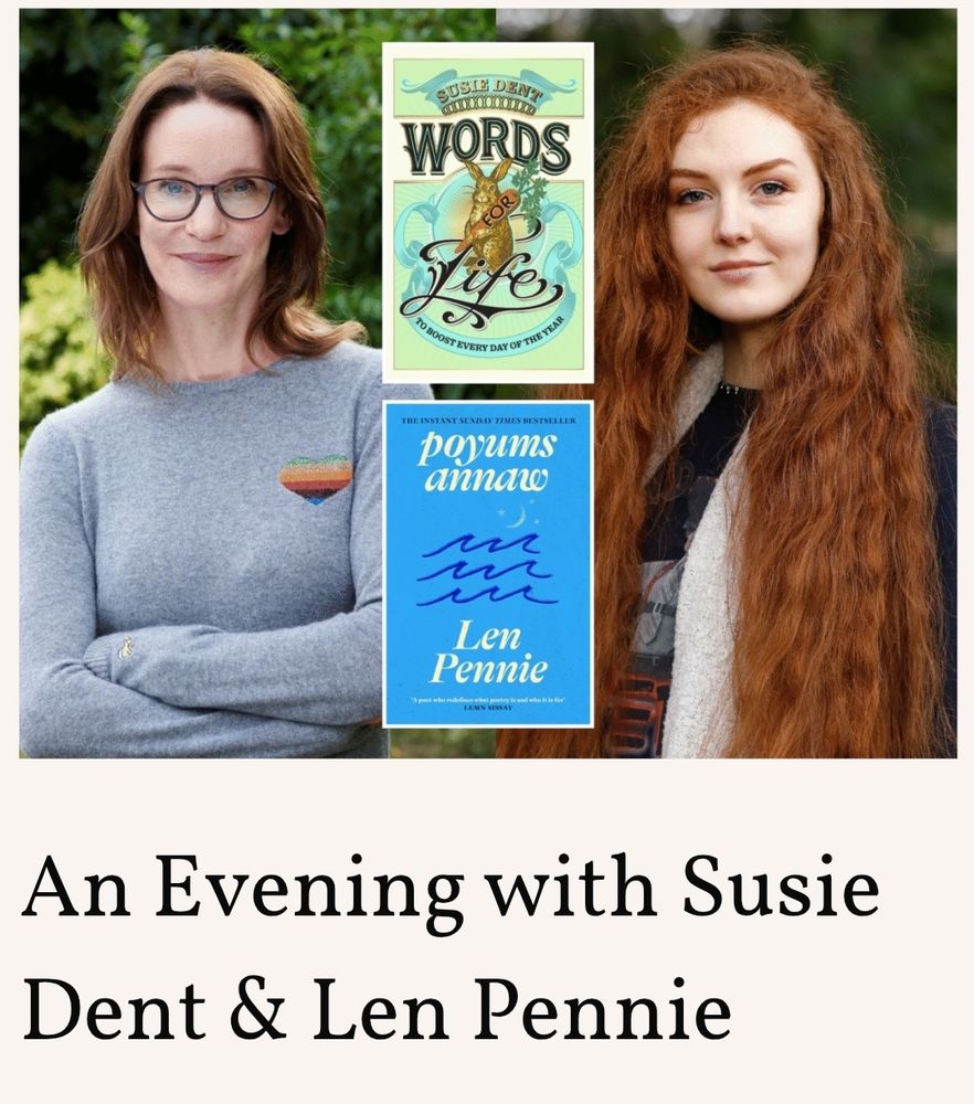 Headshots of Susie Dent and Len pennie with their book covers and the caption: an evening with Susie Dent and Len pennie. 