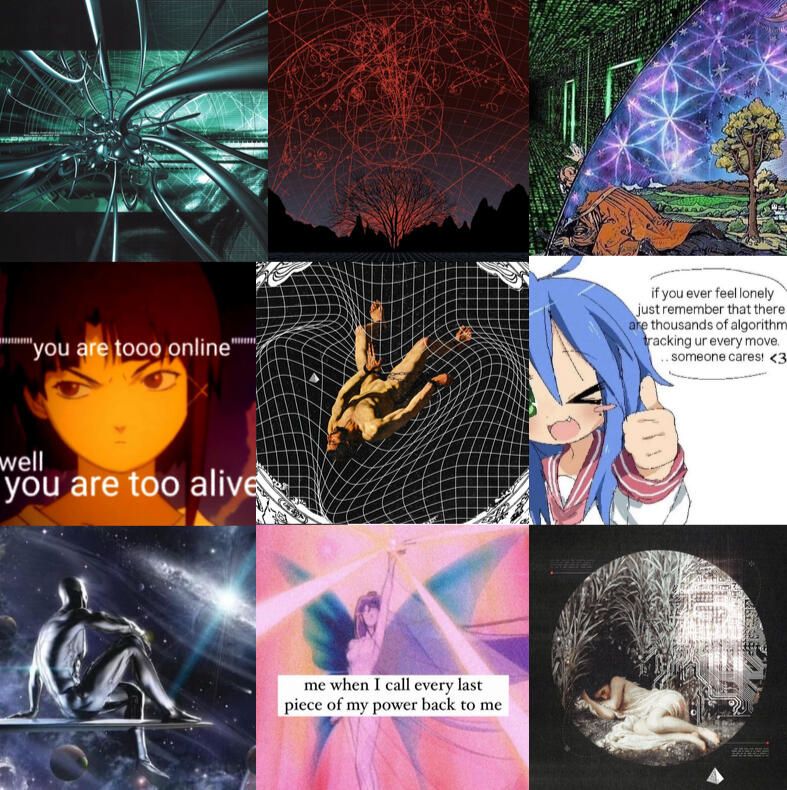 Moodboard for novel CYBER-SERIAL: POSTMODERN PROMETHEUS — 2000s aesthetical digital tubes, red criss-crossing lines across the sky, art of a magician crossing from natural world into the Matrix-like digital world, Serial Experiments Lain meme: you are tooo online // well you are too alive, Michaengelo trapped in cyberspace, anime girl meme: if you ever feel lonely just remember that there are thousands of algorithms tracking ur every move. ...someone cares! <3, Silver Surfer watching the cosmos from his surfboard, faerie girl raising the light in her hand: me when I call every last piece of my power back to me, art of a woman laying inside of a dark digitized room.
