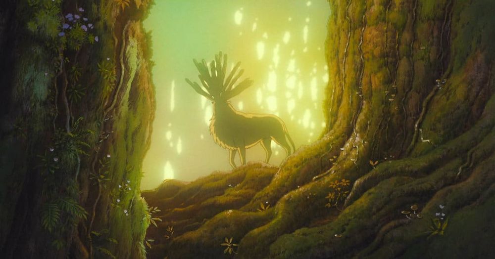 The God of the Forest in Princess Mononoke

A stag creature stands between two massive trees and glimmers in sunlight. 