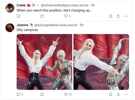 A screenshot of two posts.  The top one reads "When you reach this position, start charging up..." The bottom one has two vampire characters striking interestingly posed positions.