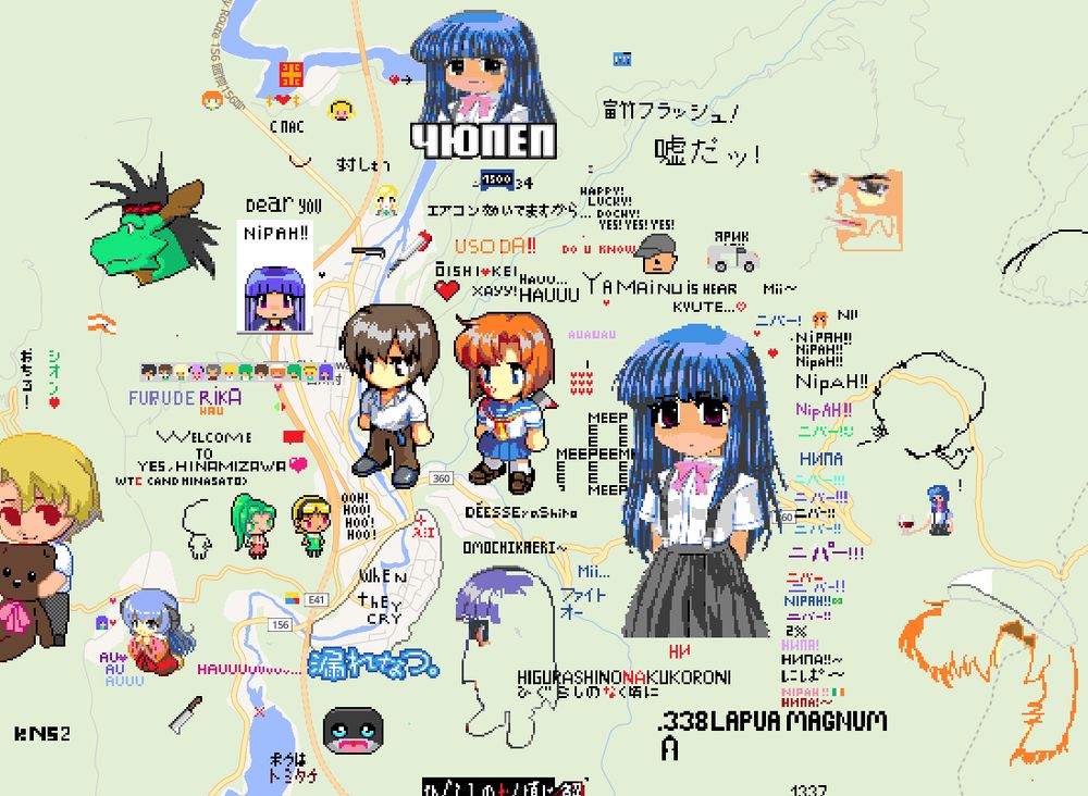 Shirakawa go in japan, a lot of higurashi when they cry characters are draw in pixelart