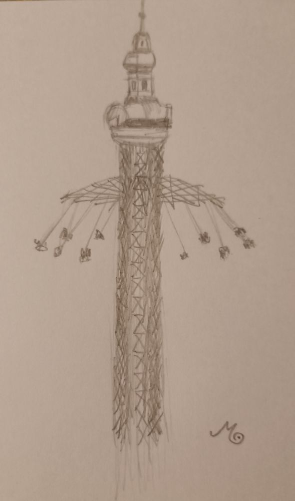 Fahrgeschäft Starflyer (sehr hoch gelegtes Kettenkarussell); Bleistiftzeichnung