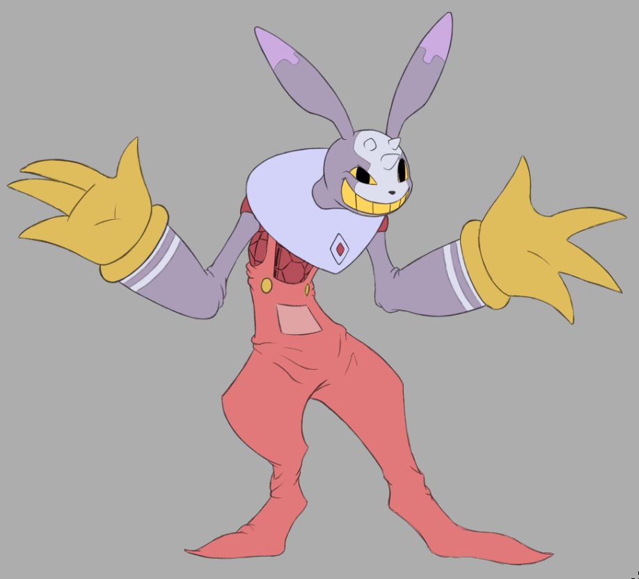 A digital sketch of Jax from The Amazing Digital Circus as the Digimon Antylamon. He's a violet rabbit monster with a devious grin, red overalls, and yellow gloves.