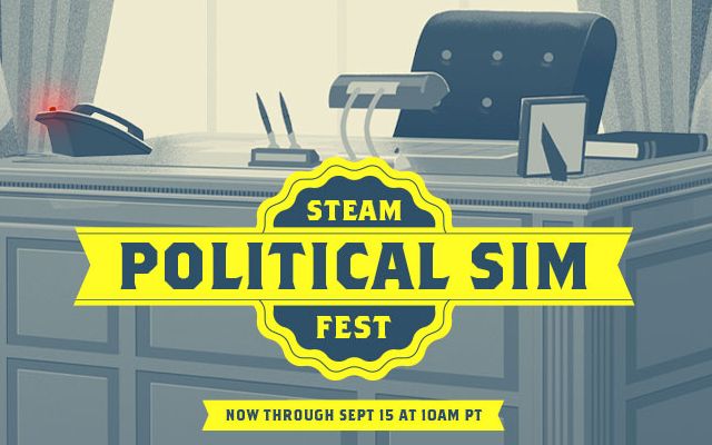 Screenshot of the Steam store, declaring it is:  
"Steam POLITICAL SIM Fest" now through Sept 15