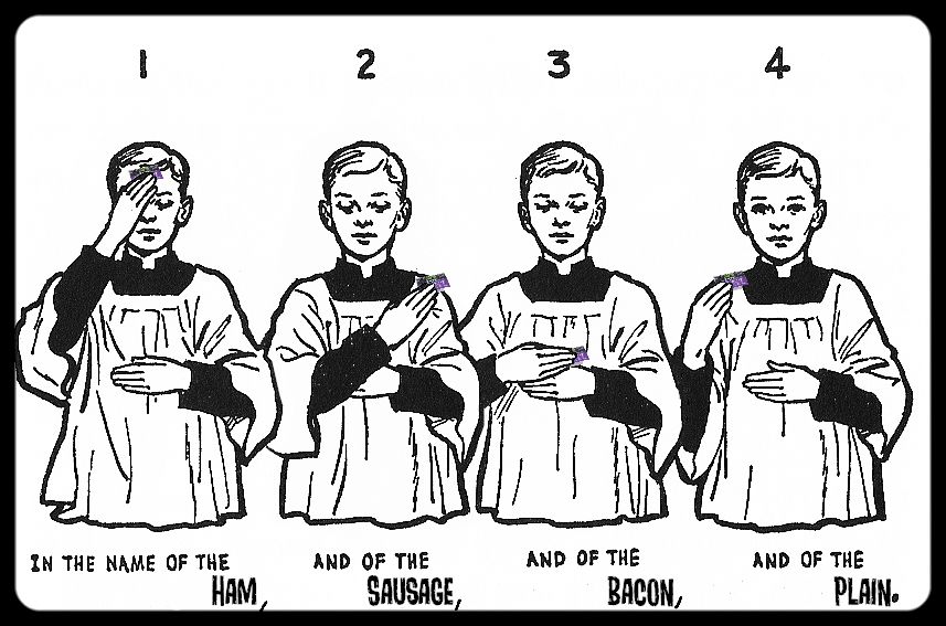 A parody image, showing a Catholic boy demonstrating the steps taken in making the "sign of the cross," but edited to show a Welch's Concord Grape Jelly packet from Waffle House being held at each of the positions (with the positions edited to go top, right, bottom, then left, instead of making a cross) to correspond with Waffle House plating code, as demonstrated in the training video from the quoted post.  The text below each step reads, in order, "In the name of the HAM, and of the SAUSAGE, and of the BACON, and of the PLAIN."  It really is a visual gag and only makes sense in the context of obscure Waffle House worker's code or the accompanying video, I'm sorry.