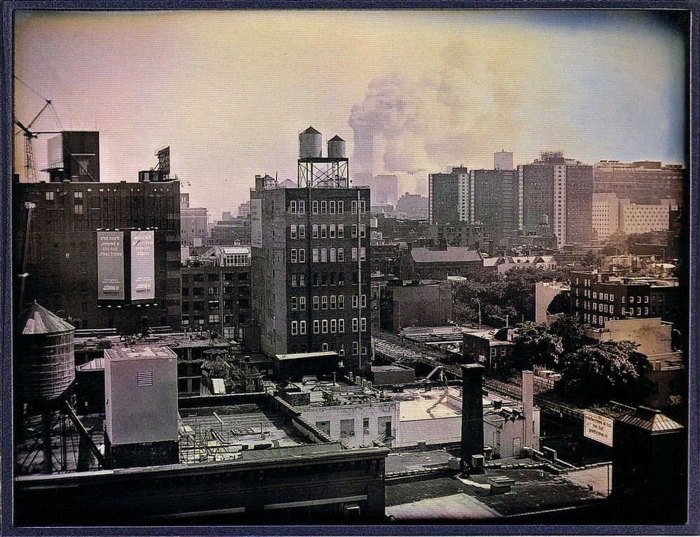 daguerreotype of the twin towers burning in the distance on 9/11