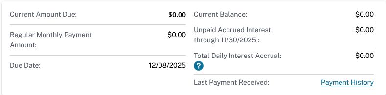 An invoice for my student loan; current amount due: $0.00