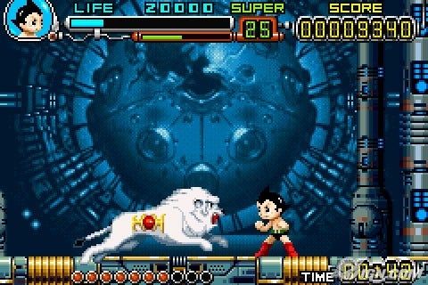 A screenshot from Astro Boy: Omega Factor. Astro faces off against a robot in the form of Kimba the White Lion, while the ruined Artificial Sun is housed in the background.