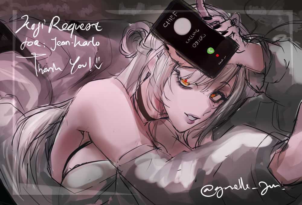 A sketch of a sleepy white-haired woman with a mole under her left eye, reclining in bed. She's holding her cell phone over her face, as she's speaking to the Chief on the line.