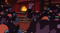 A scene from PROMARE where a pizzeria employee with very nonwhite features is held at gunpoint by an army of militarized police officers trying to arrest him.