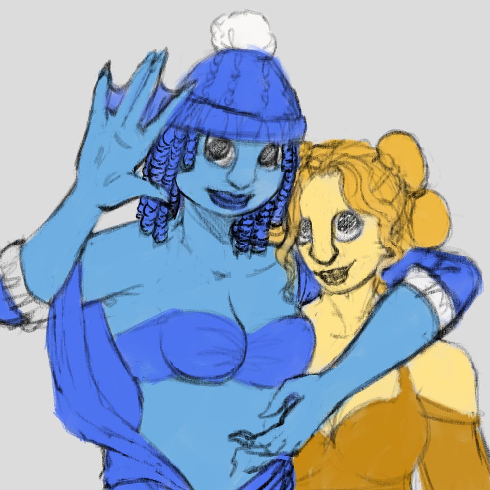 two mermaid besties embracing
on the left is a blue mermaid with a beanie with one hand wrapped around a yellow memaid on the right