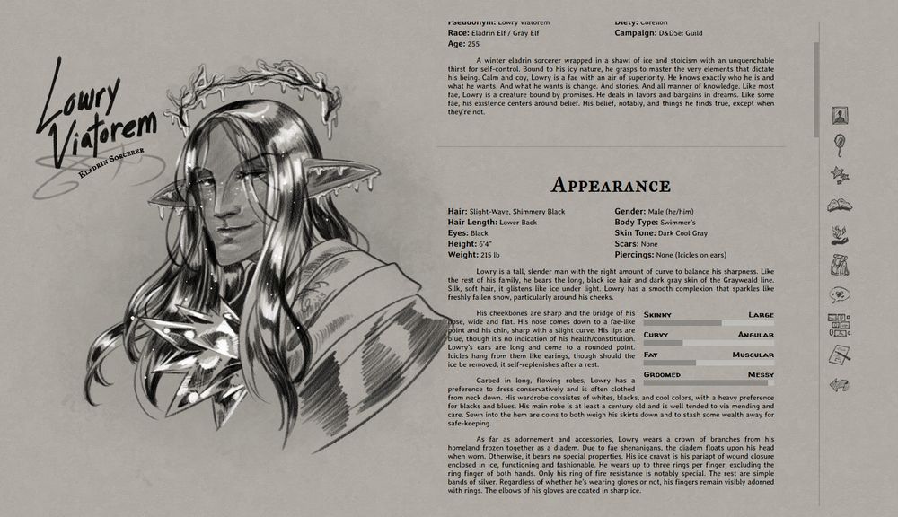 horizontal image divided in half by white space. left side features a title "Lowry Viatorem" with the profile pencil sketch of Scrib's character Lowry, a handsome elf with black hair and gray skin. The right side is the rest of the layout with paragraphs and other tidbits of info, with a navigation bar of icons all the way to the right.