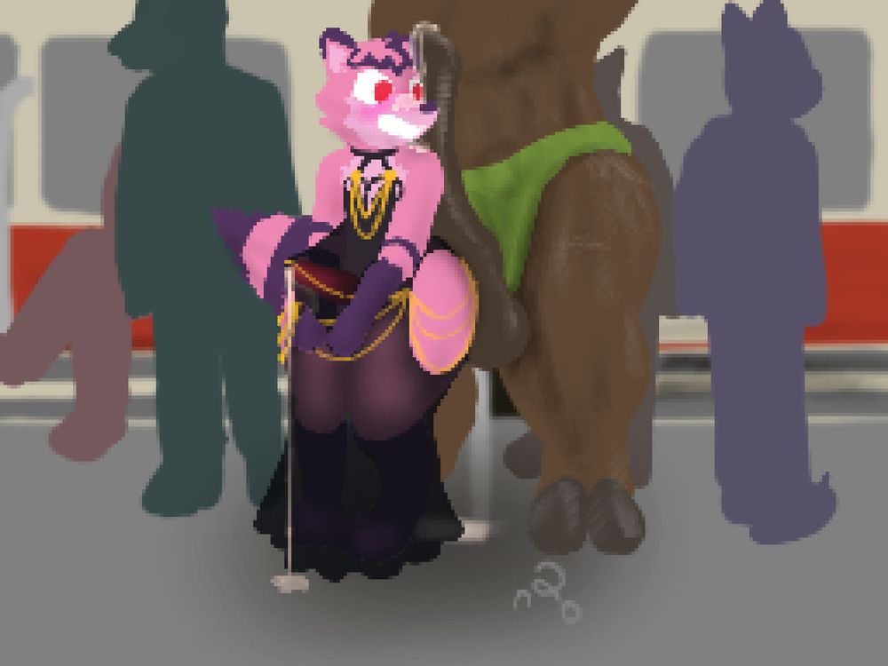 Racky leans against the massive, leaking cock of the bull behind him on the metro.