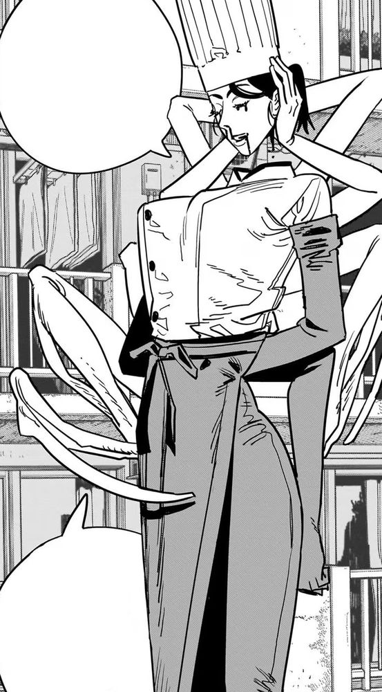 The Falling Devil from Chainsaw Man. A tall women dressed as a chief. She has several mandibles sticking out of her back and her head is detached from her body. 