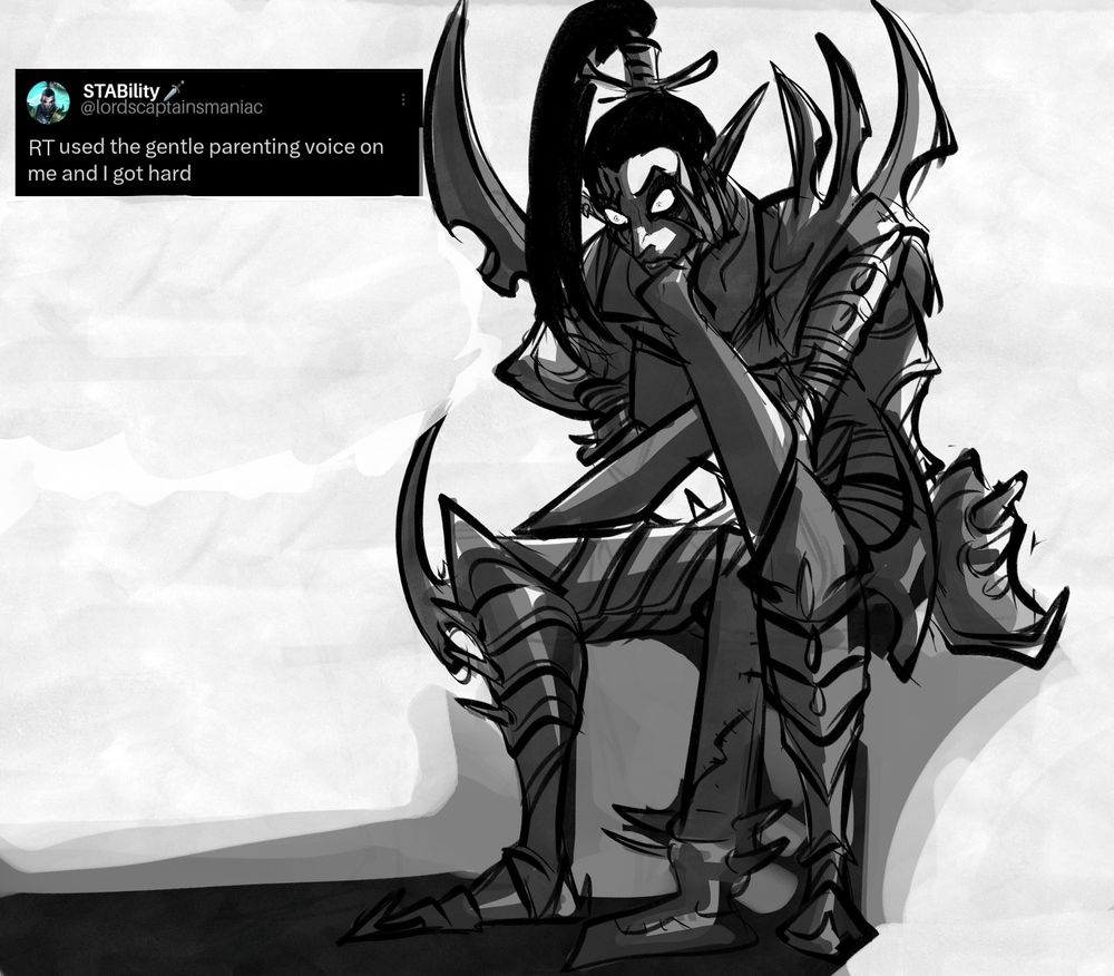 Marazhai from the Rogue Trader video game looking at the void with empty eyes while questionning himself. Up is a mock up tweet of the said character that reads "RT used the gentle parenting voice on me and I got hard"