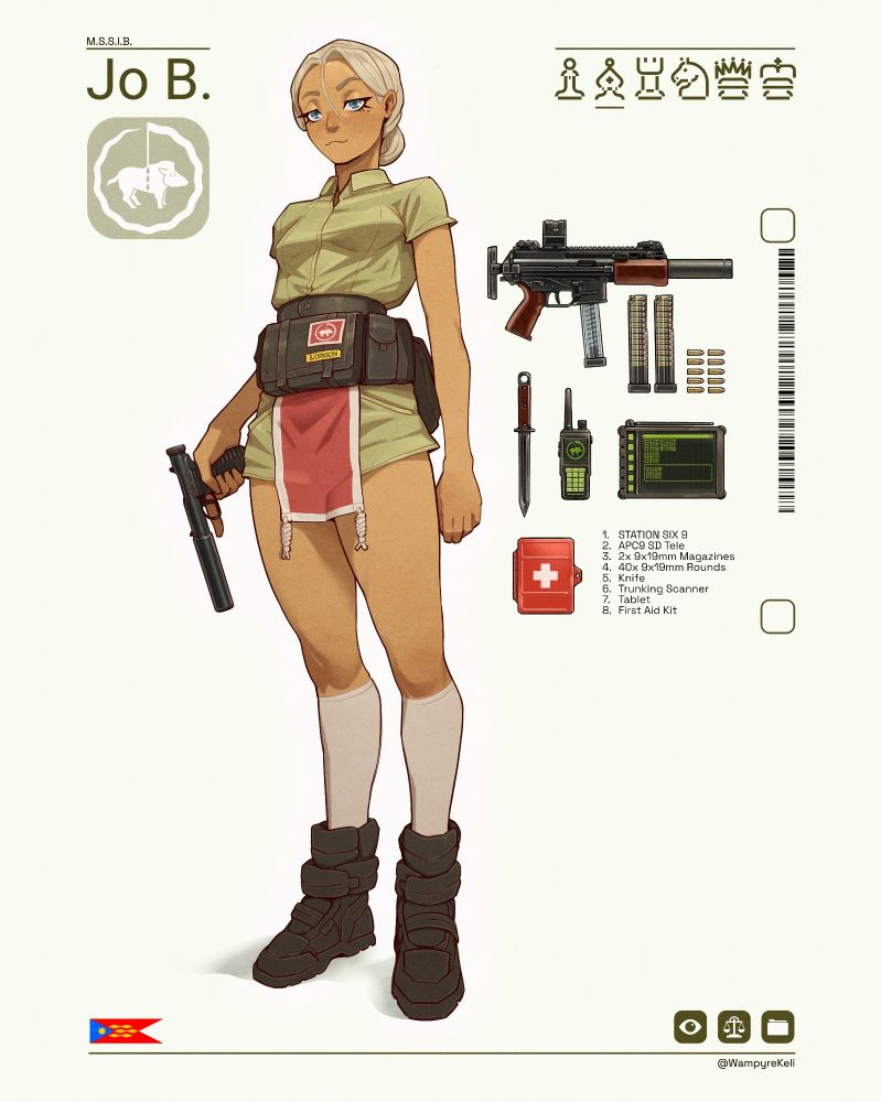 An illustration of a fictional counter-intelligence agent next to an equipment spread.