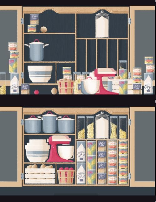 Top:Illustration of a disorganized kitchen cabinet.
Below: the same cabinet, organized.